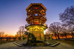 Christmas decorations on the Patterson Park Pagoda at sunset, in Baltimore, Maryland.