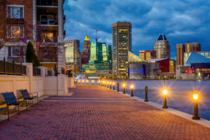 The Waterfront Promenade and Baltimore skyline seen at the Inner Harbor, in Baltimore, Maryland.